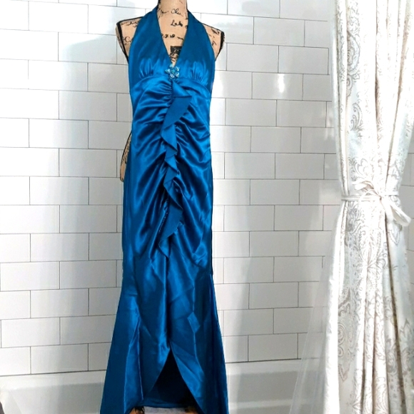 Jessica McClintock for Gunne Sax 3/4 turquoise backless mermaid halter dress - Picture 2 of 12